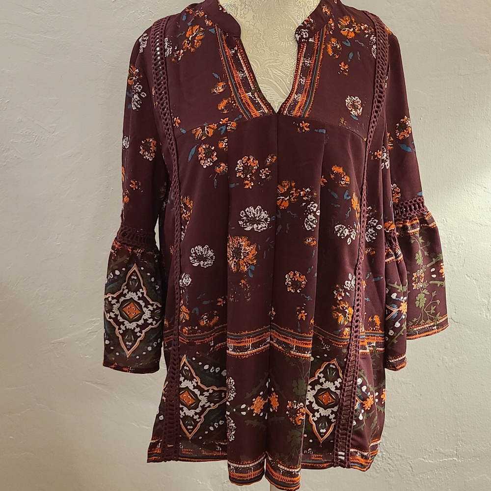 Knox Rose Boho Long Sleeve Peasant Floral Top - size Small